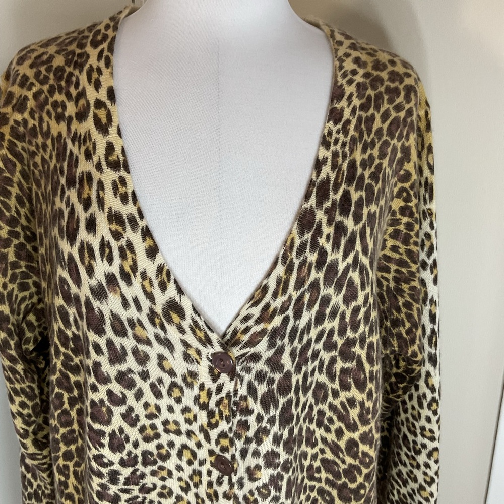 Precious Fibers 100% Cashmere Leopard Print Cardigan Sweater 1X Brown Tan Luxe - Picture 3 of 7